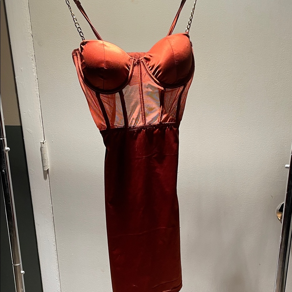 Fashion Nova Rust Satin Chemise with Chain Straps